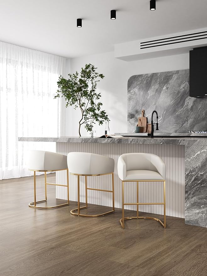 Manhattan Comfort Louvre 26 Inch Mid Century Modern Counter Height Bar Stools - Elegant Faux Leather Padded Seat, Stainless Steel Base with Footrest, Fully Assembled Barstools, Set of 1, Cream