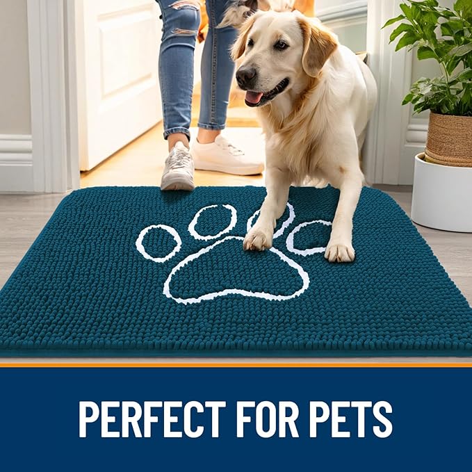 OLANLY Door Mat for Muddy Dog Paws 47x24, Absorbent Chenille Mud Doormat with Paw Print Design, Non-Slip Washable Doormat for Indoor Entryway, Quick-Dry Pet Bed Mats for Dirty Dogs, Atlantic Blue