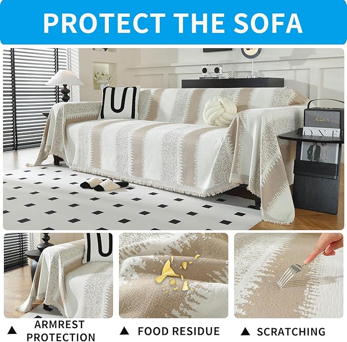 LUFEIJIASHI Boho Couch Covers for Sofa Non Slip Sofa Covers Washable Couch Covers for 3 Cushion Couch Sofa Pet Friendly Sectional Couch Cover Blanket Furniture Protector for Dogs (Khaki, 91"x134")