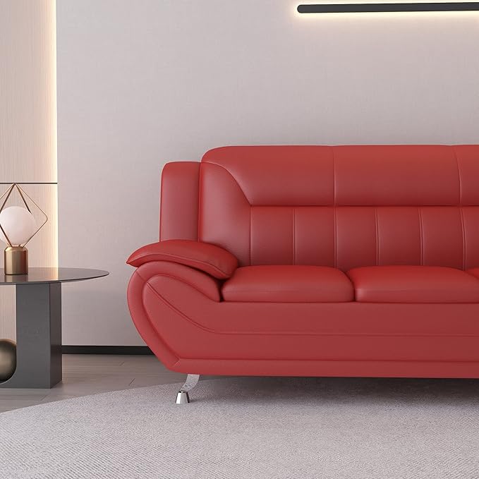 Container Furniture Direct Michael Modern Faux Leather Upholstered Stainless Steel Legs Living Room Sofa, Chair, Red