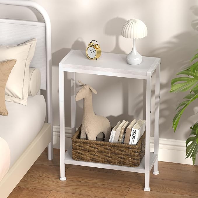 Narrow Side Table for Small Space Set of 2, 2-Tier Small End Table with Shelf Holder, Slim Nightstand, Skinny Snack Couch Table in Living Room, Bedroom, Study, Kitchen and Balcony（White