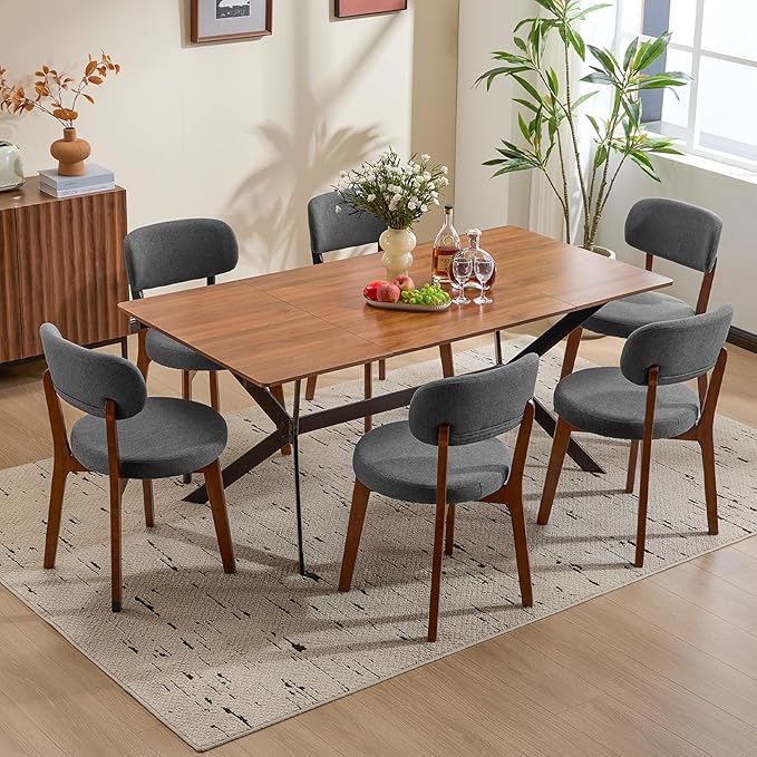 Furniliving Wooden Dining Chairs Set of 4, Mid-Century Modern Linen Upholstered Kitchen Chair with Solid Oak Wood, Farmhouse Dining Room Chairs, Grey