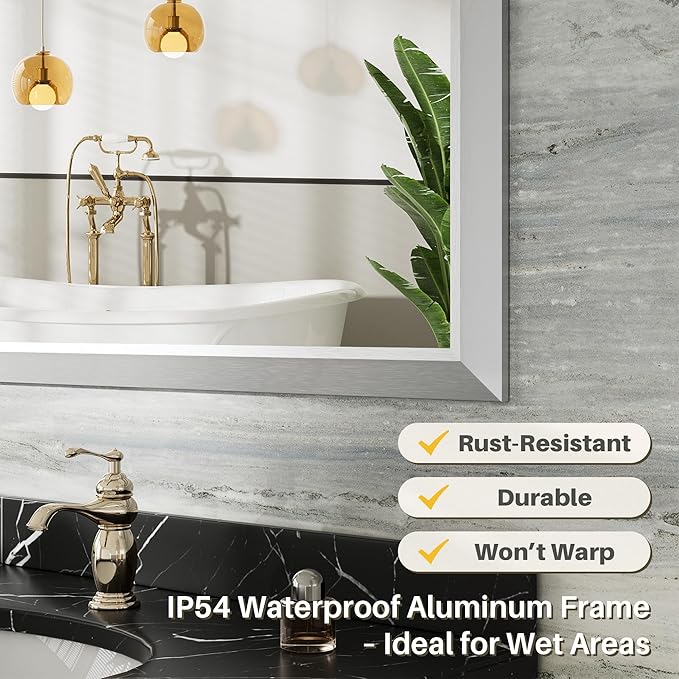 24x36 Inch Silver Bathroom Mirror for Wall, Thick Metal Framed Rectangle Mirrors for Over Sink, Bedroom, Living Room, Entryway, Anti-Rust, HD Tempered Glass
