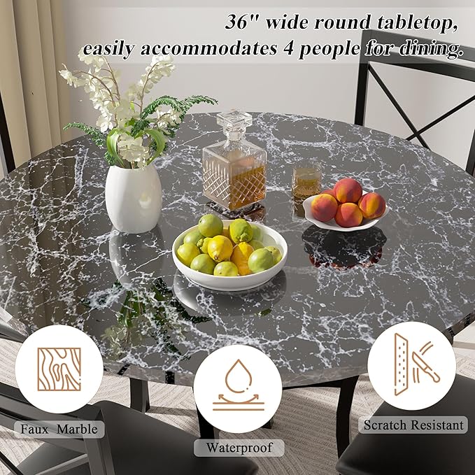 VECELO 5 Piece Dining Table Set for 4, Faux Marble Dinette with Chairs for Kitchen, Breakfast Nook, Small Space, Dark Black