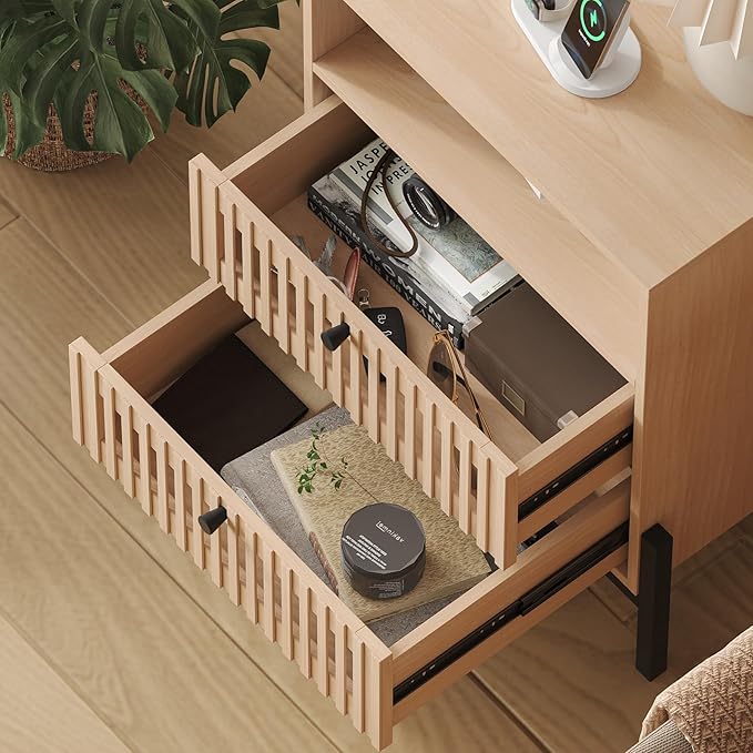Vabches End Table Industrial Style Nightstand with USB Ports and Outlets, Bedside Table with 1 Open Shelf and 2 Hollowed Drawers for Bedroom, Living Room, Set of 2