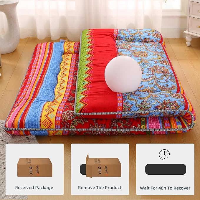 Bohemian Retro Japanese Floor Mattress, Vintage Floral Tatami Floor Mat, Portable Roll up Futon Mattress for Guest,Tavel (E,Full 80" X 47")