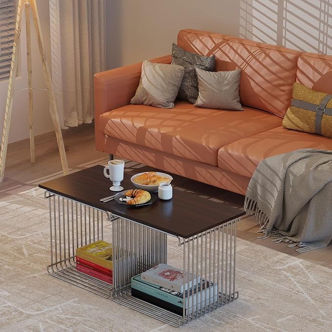 Square Geometry Retro Side Table Prime-Stainless Steel Linear Metal End Table, Iron Multi-Purpose Desktop Shelf (Silver)