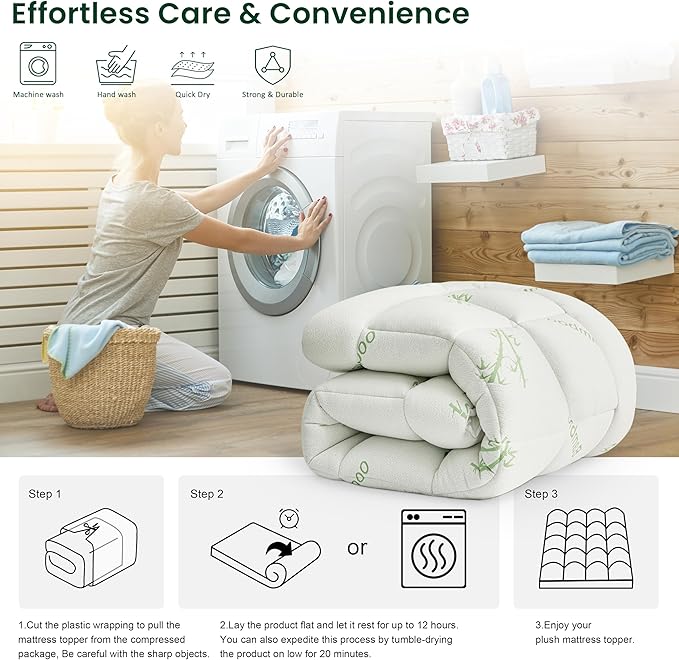 Love's cabin Queen Mattress Topper, Rayon Derived from Bamboo, 900 GSM Breathable Mattress Topper Pad, Thick Pillow Top Mattress Pad with Stretches up 8"-20" Deep Pocket(60"x80"), Green