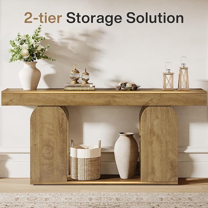 Tribesigns 70.9-Inch Extra Long Sofa Table, Farmhouse Console Tables with Wood Frame and Storage Shelf, 2-Tier Wood Table Behind Couch for Living Room, Hallway, Foyer, Light Brown