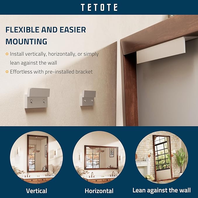 TETOTE 60 x 36 Rustic Bathroom Mirror Wood Frame, Waterproof Walnut Brown Farmhouse Wooden Framed Rectangle Bathroom Vanity Mirror for Modern Boho Decor, Horizontal/Vertical, Easy to Install