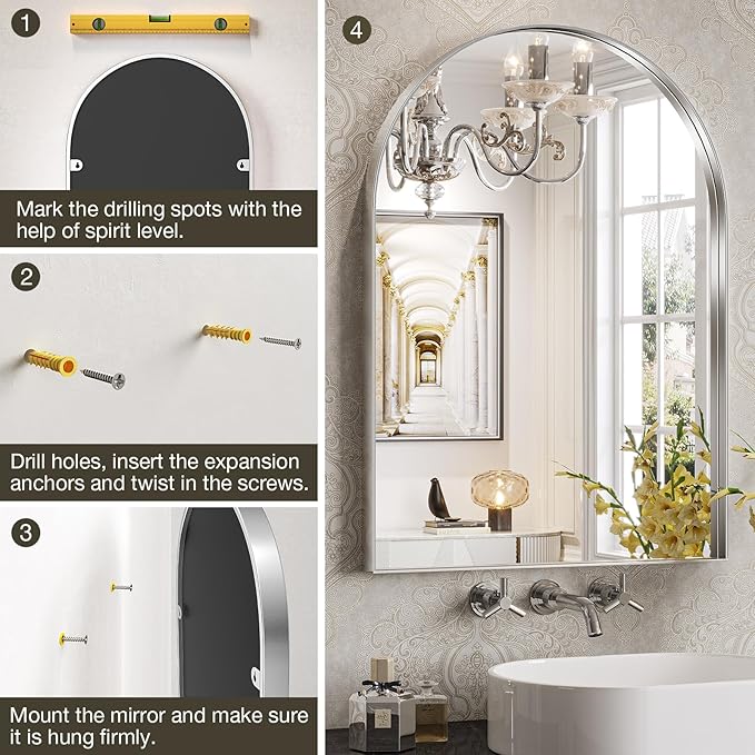 Brightify Arched Mirror, Arched Wall Mirror, 28 x 40 Inch Silver Arch Mirror, Metal Frame Silver Bathroom Mirror, Arched Top Bathroom Vanity Mirror for Living Room Bedroom Mantel Entryway Hallways