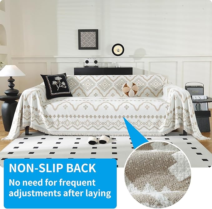 LUFEIJIASHI Boho Couch Covers for Sofa Non Slip Sofa Covers Washable Couch Covers for 3 Cushion Couch Sofa Pet Friendly Sectional Couch Cover Blanket Furniture Protector for Dogs (Khaki, 71"x118")
