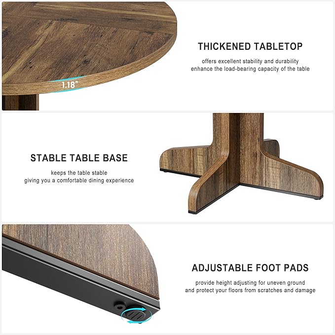 Garvee 47 Inch Round Dining Table for 4, Farmhouse Kitchen Dining Room Circle Dinner Table, Kitchen Dining Room Furniture, Brown (Table Only)