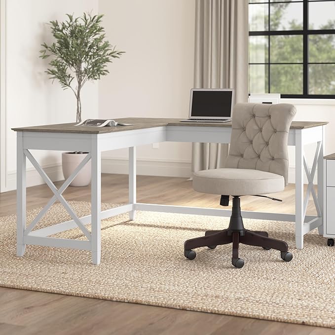 Bush Furniture Key West 60W Modern Farmhouse L Shaped Desk in Pure White and Shiplap Gray | 60-Inch Corner Table for Home Office