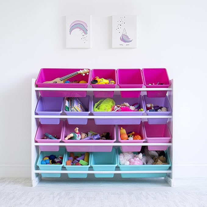 Humble Crew Supersized Toy Storage Organizer with 16 Removable Bins, White/Blue/Pink/Purple – Large Toy Storage for Toddlers Ideal for Kids' Rooms, Playrooms, and Nurseries - Modern Toy Bins for Kids