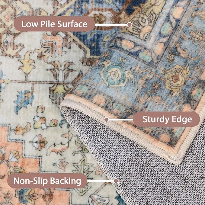 GENIMO 2x5 Runner Rugs for Hallway, Machine Washable Non Slip Vintage Rugs, Low Pile Lightweight Soft Print Rug for enrtyway, Corridor, Home Office, Kitchen, Blue Brick Red