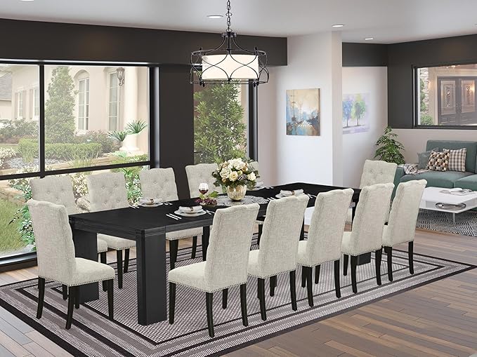 X12EL-006-35 - 13-piece Modern Dining Room Table Set a Rectangular Kitchen Table and 12 Doeskin Linen Fabric Dining Chair, 39x120 Inch, Wire Brushed Black