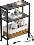 Small Narrow Side Table with Charging Station, Skinny End Table for Small Spaces, Slim Nightstand with Outlets, Sofa Bedside Table in Living Room, Bedroom, Study, Kitchen and Balcony(Grey)