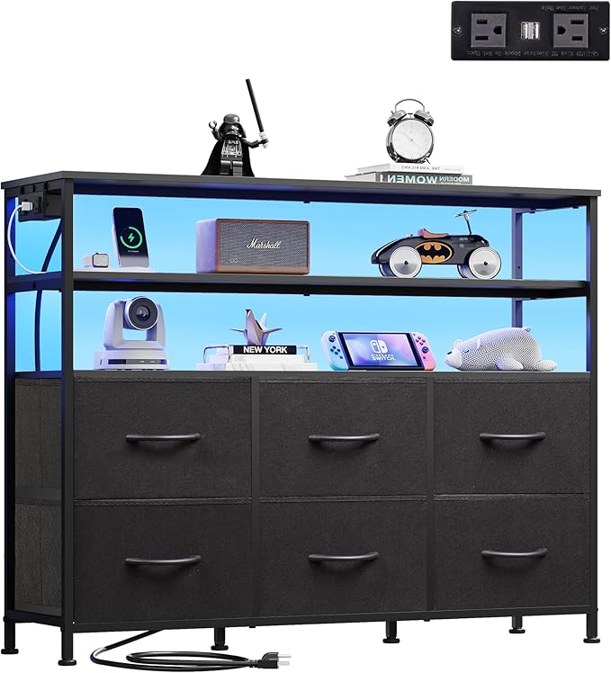 WLIVE Black TV Stand for 40, 45 inch TV, Entertainment Center with LED Lights & Charging Station, TV Media Console Table with 6 Fabric Drawers and Open Shelves for Living Room, Hallway, Wood Top