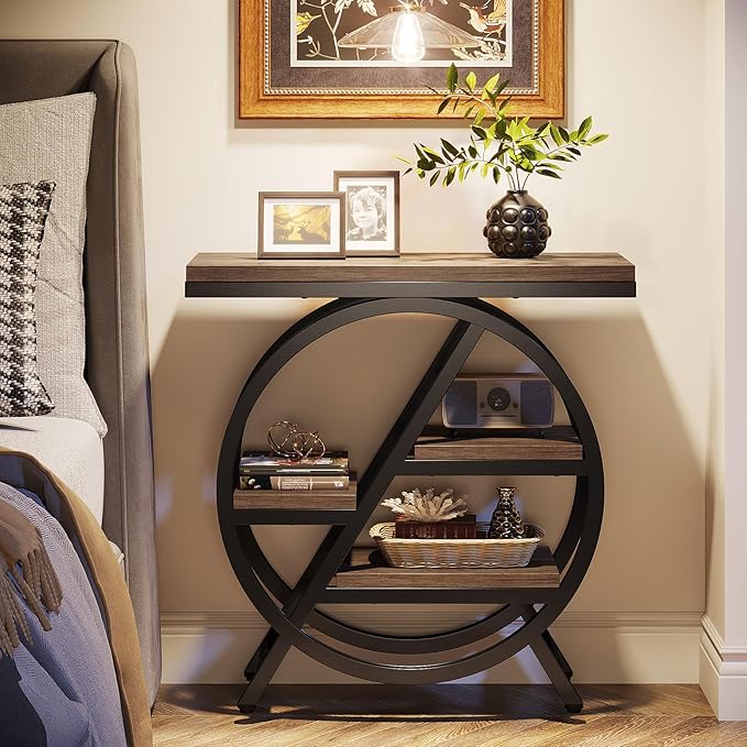 Tribesigns End Table for Living Room, 3-Tier Narrow Side Table with Storage, Wood Sofa Side Table with Geometric Metal Frame, Industrial Nightstand and Bedside Table for Bedroom