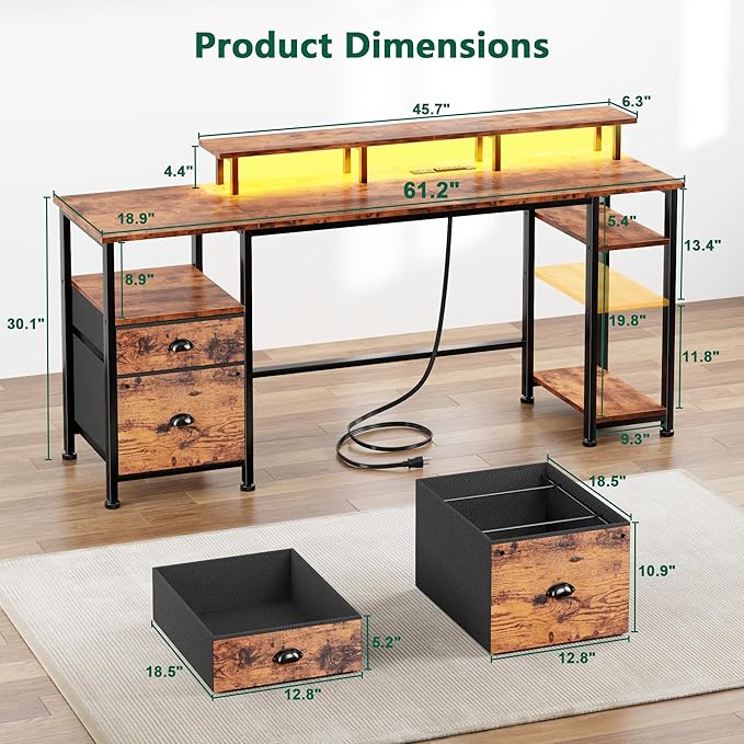 Furologee 61" Computer Desk with Power Outlet and LED Lights, Desk with Fabric File Cabinet Drawer, Large Reversible Table with Shelves and Monitor Stand, Writing Study Table for Home Office