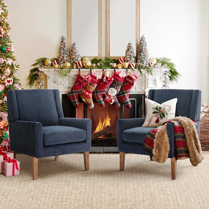 COLAMY Modern Wingback Living Room Chair Set of 2, Upholstered Fabric Accent Armchair, Single Sofa Chair with Lounge Seat and Wood Legs for Bedroom/Office/Reading Spaces, Blue