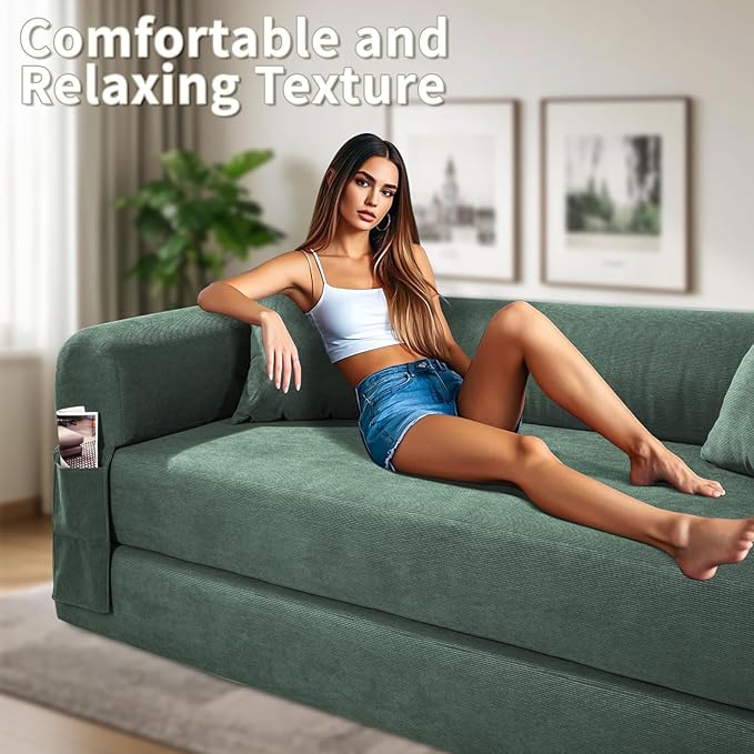 80" Convertible Sofa Bed, 3-in-1 Corduroy Folding Pull Out Couch with Pillows, No Assembly Modern Boneless Couch Compression Sofa in Box, Floor Sofa with Side Storage for Living Room,Light Green