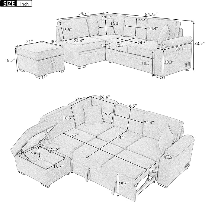 Ball & Cast 84" Convertible Sectional Sofa Bed,L-Shaped Sleeper Couch w/Storage Ottoman,Cup Holder and Charging Stations,Put Out Sofas w/Chaise,for Living Room and Small Apartment,Black