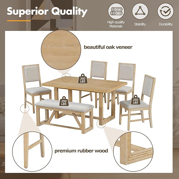 Ball & Cast 6-Piece Dining Table Set for 6 People, 60" Wood Dining Kitchen Table & Chairs Set, Dining Room Table with Upholstered Chairs and 1 Bench, Perfect for Dining Room, Kitchen,Natural