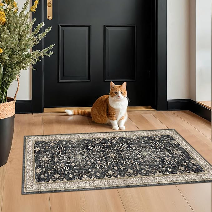 Black 2x4 Entryway Runner Rugs, Small Runners for Kitchen, Door Mat Indoor Entrance, Bathroom, Non-Slip Low-Pile Washable Stain Resistant, Vintage Ashen Charcoal Floral Decor