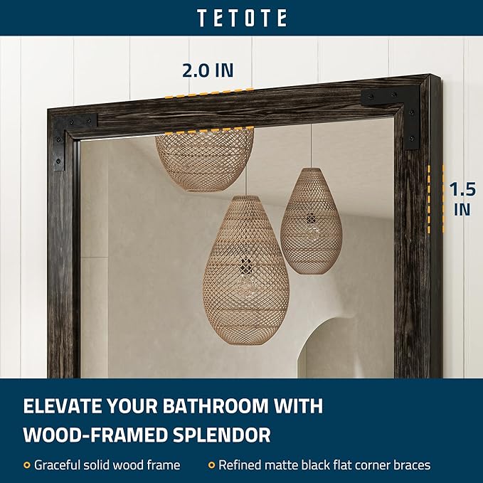 TETOTE 18 x 26 Black Wooden Mirror for Bathroom Wall/Bedroom/Living Room/Entryway Farmhouse Rustic Bathroom Vanity Mirror for Over Sink Waterproof (Horizontal/Vertical Mounted)