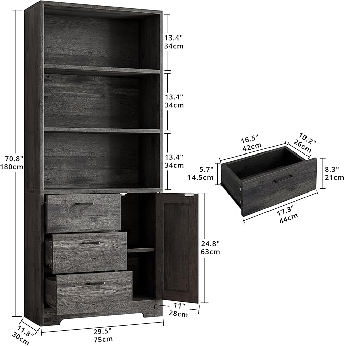 IRONCK Bookshelf with Door and 3 Drawers, 71in Tall Bookcase Shelf with 3-Tier Shelves, for Bedroom Living Room Entrance Hallway Home Office