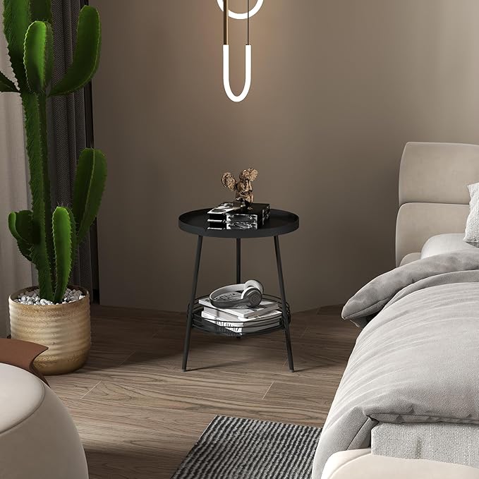 Benkyo 2 Tier Black Metal Round Side Table Tiered Two Shelf Storage Coffee Sofa End Table for Living Room and Bedroom,Black