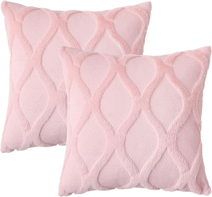 decorUhome Throw Pillow Covers 18x18 Inch Set of 2, Soft Plush Faux Fur Wool Light Pink Couch Pillow Covers, Decorative Neutral Pillow Cases for Bed Sofa Living Room Home Decor