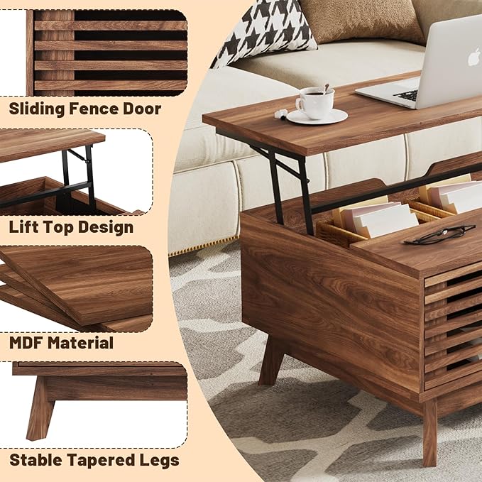 HAIOOU Lift Top Coffee Table, Mid Century Modern Coffee Table with Storage for Living Room, Walnut Coffee Tables with Sliding Fence Door, 35.4'' Rectangular Fluted Center Table (Brown)