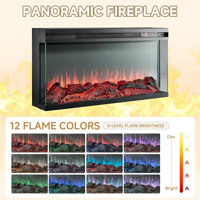 ROCKPOINT 3 Sided Glass 70" Fireplace TV Stand for TVs up to 80", Media Entertainment Center with Glass Door Storage Cabinet for Living Room,36" Electric Fireplace & Adjustable LED Light,White