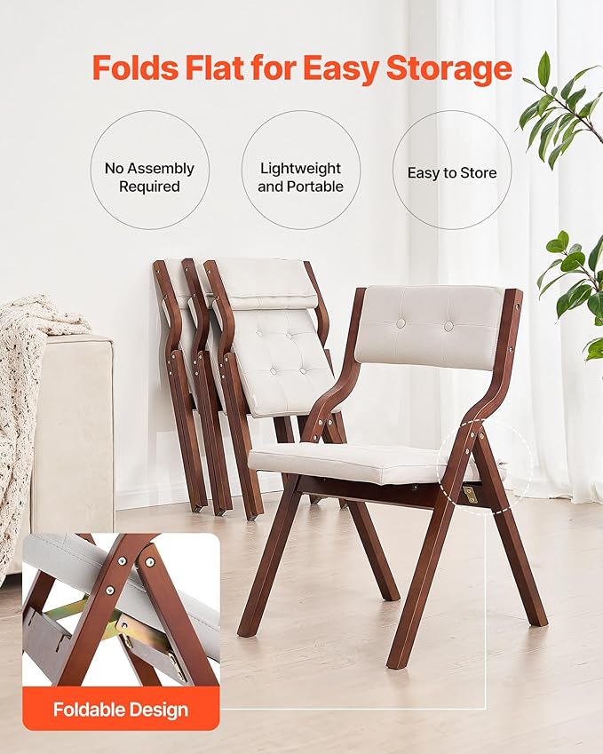 VEVOR Wooden Folding Chairs with Cushion, Set of 4, Portable Foldable Cushion Chair with Wooden Frame, Modern Padded Dining Chair for Kitchen, Office, Wedding, Party, Dining Room, Easy Assembly, White