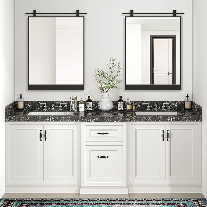 24x32 Inch Rectangle Bathroom Vanity Mirror for Wall Mounted Over Sink Farmhouse Rustic Matte Black Frame Barn Door Mirrors Foyer Entryway Decor