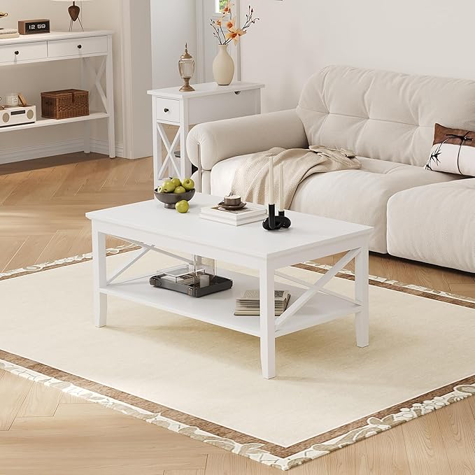 ChooChoo Coffee Table Classic X Design for Living Room, Rectangular Modern Cocktail Table with Storage Shelf, 47 Inch