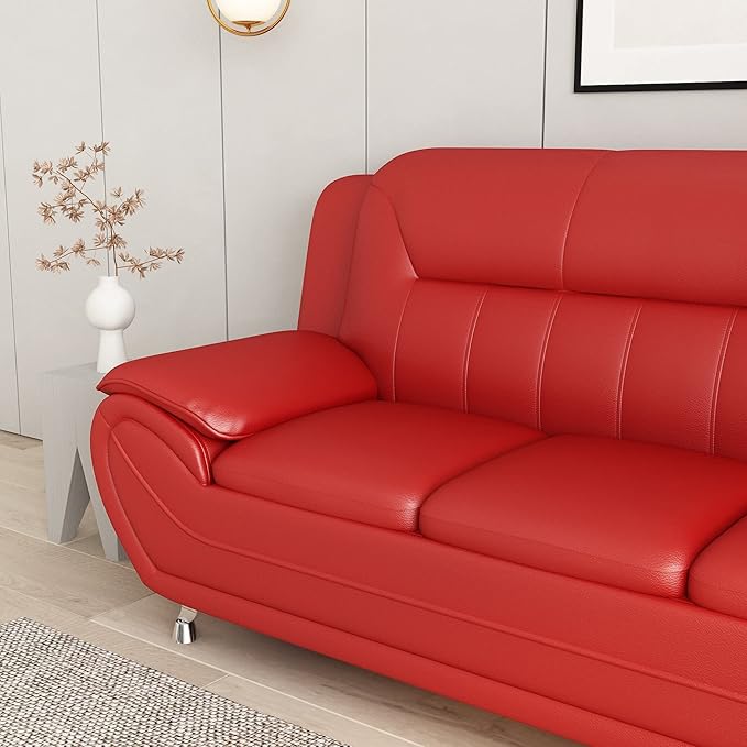 Container Furniture Direct Michael Modern Faux Leather Upholstered Stainless Steel Legs Living Room Sofa, Loveseat, Red