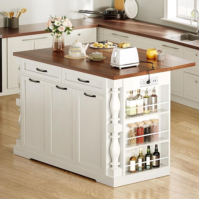 YITAHOME Americana Kitchen Island with Drop Leaf & Power Outlet, 47.6 inch Mobile Butcher Block Island Cart, Pull-Out Trash Can Storage, 3-Tier Spice Rack, White and Walnut