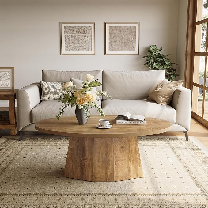 Oval Coffee Table, 47-Inch Living Room Table with Polygonal Pedestal, Modern Center Accent Furniture, Child-Friendly, Easy to Assembly, Yellowish Brown