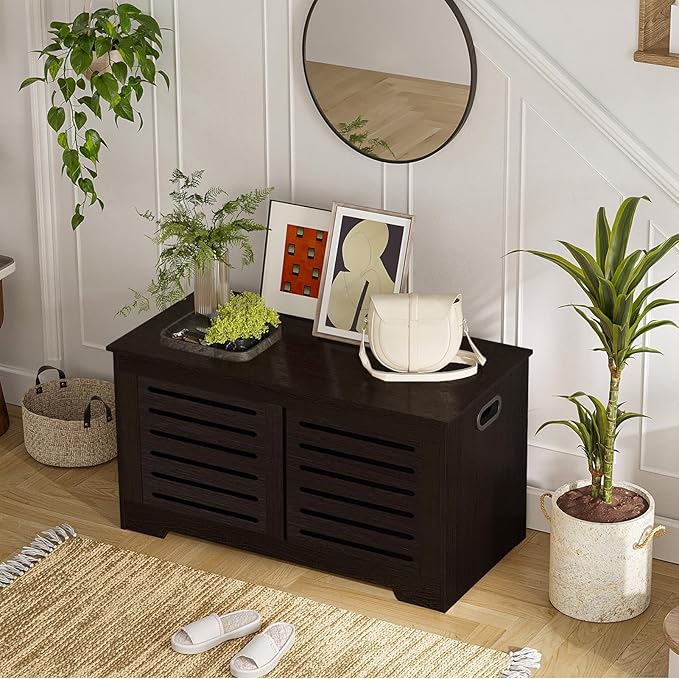 DINZI LVJ Storage Chest, Flip-Top Wooden Toy Box with 2 Safety Hinges, Retro Entryway Shoe Bench, Sturdy Large Storage Trunk for Living Room, Bedroom, Toddler Room, Easy Assembly, Espresso