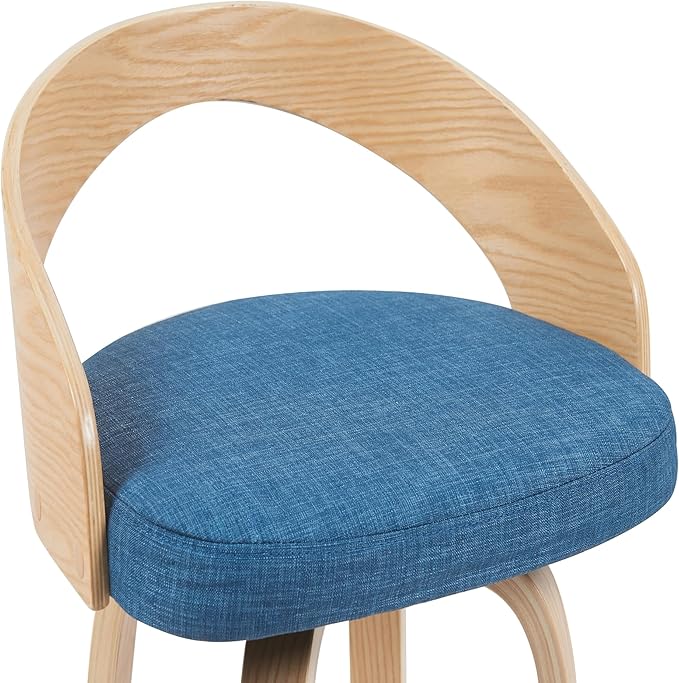 Sonia Modern Swivel Bar Height Stool with Blue Upholstered Seat and Patterned Oak Wood Finish Set of 4