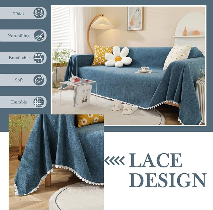 HANDONTIME Loveseat Cover Navy Blue Couch Covers Easy Fitted Sofa Covers for 3 Cushion Couch Universal Sofa Cover Durable Furniture Protector with Lace Sofa Throw Cover for Kids Dogs Pets, 71" X118"