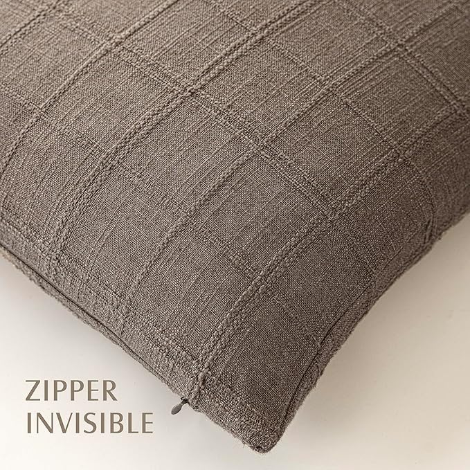 Foindtower Set of 2 Decorative Linen Check Throw Pillow Covers Neutral Farmhouse Vintage Cushion Covers Modern Boho Home Decor for Sofa Chair Couch Bedroom Living Room Outdoor,18×18 Inch,Taupe Grey