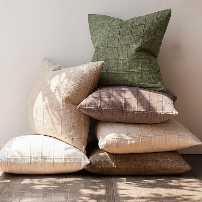 Foindtower Set of 2 Decorative Linen Check Throw Pillow Covers Neutral Farmhouse Vintage Cushion Covers Modern Boho Home Decor for Sofa Chair Couch Bedroom Living Room Outdoor,26×26 Inch,Sage Green