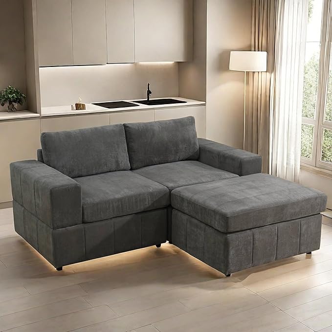 Loveseat Sofa with Ottoman, 74″ Modern Sectional Couches with Deep Seat, Small L Shaped Couch with Chaise for Living Room Bedroom, Brown