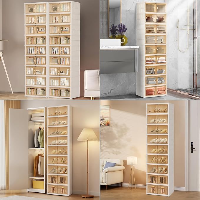 Foldable Shoe Organizer Storage Box, Portable Extra Large Folding Shoe Rack for Closet, Shoe Storage Box with Magnetic Transparent Door and Wheels, 9 Layers 18 Grids for 2 PCS