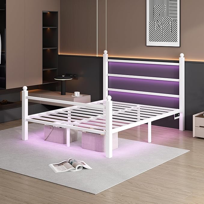 Full Size Bed Frame with Headboard and Footboard,Steel Slats Support-LED Bed Frame with USB Charging Station,Mattress Foundation-Under Bed Storage,No Box Spring Needed,Noise Free,White